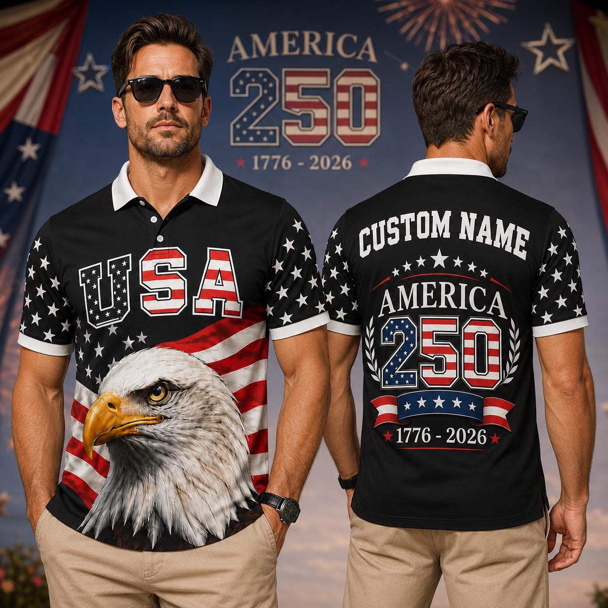 Custom Name America 250th Polo Shirt, USA 1776-2026 Patriotic Eagle Polo, 250 Years Anniversary Shirt, Fourth of July Gift For Men | JN62