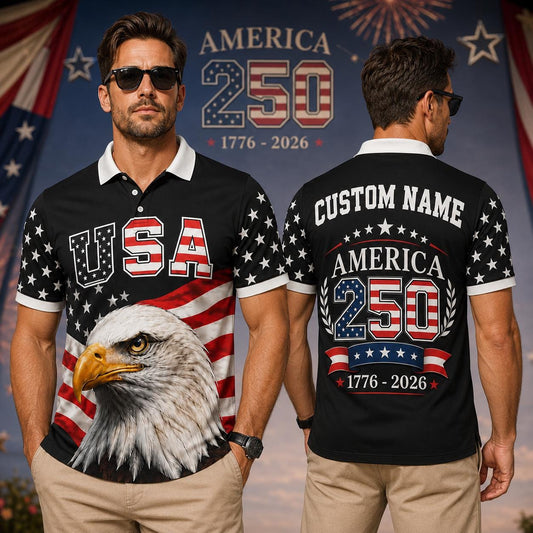 Custom Name America 250th Polo Shirt, USA 1776-2026 Patriotic Eagle Polo, 250 Years Anniversary Shirt, Fourth of July Gift For Men | JN62