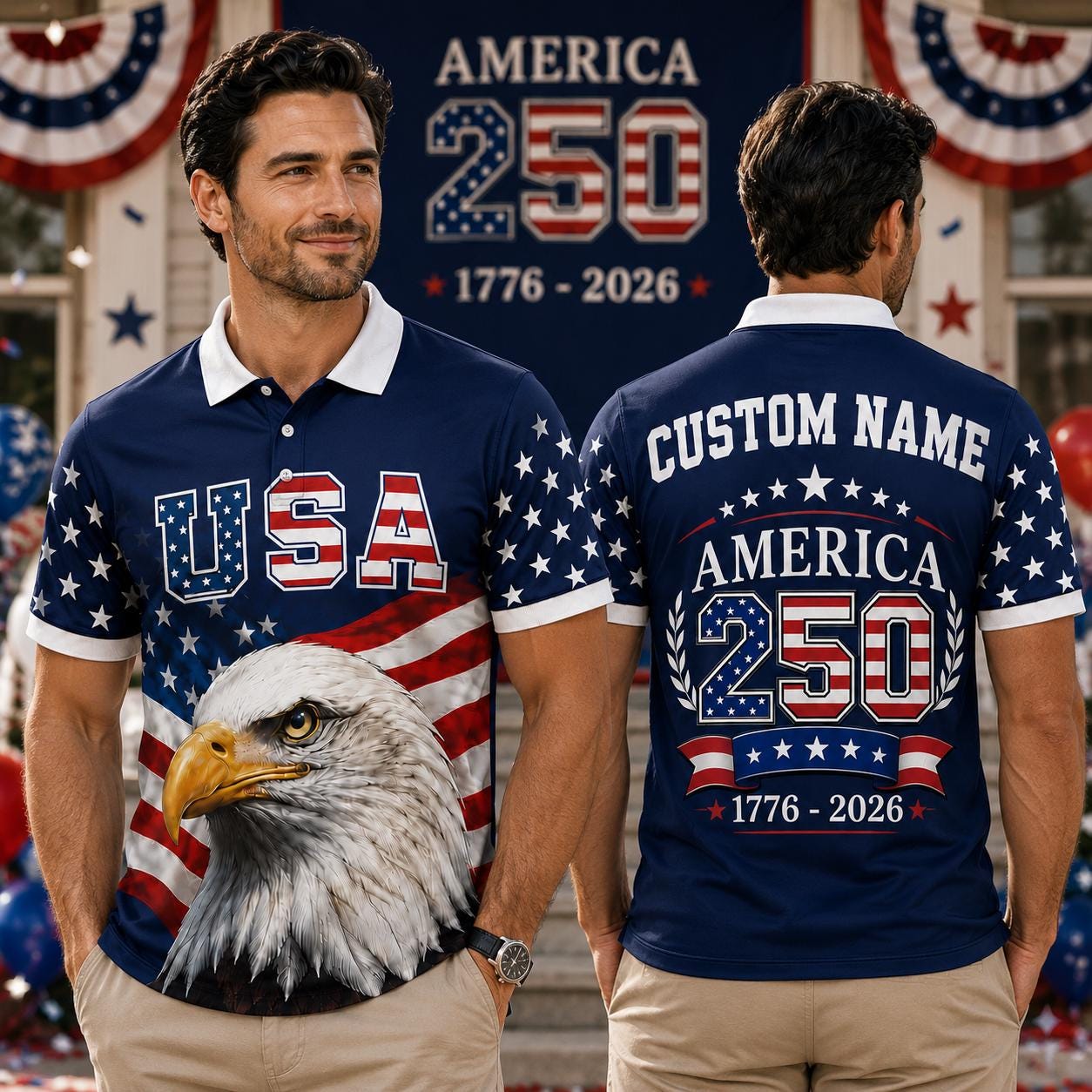 Custom Name America 250th Polo Shirt, USA 1776-2026 Patriotic Eagle Polo, 250 Years Anniversary Shirt, Fourth of July Gift For Men | JN62