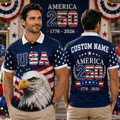 Custom Name America 250th Polo Shirt, USA 1776-2026 Patriotic Eagle Polo, 250 Years Anniversary Shirt, Fourth of July Gift For Men | JN62