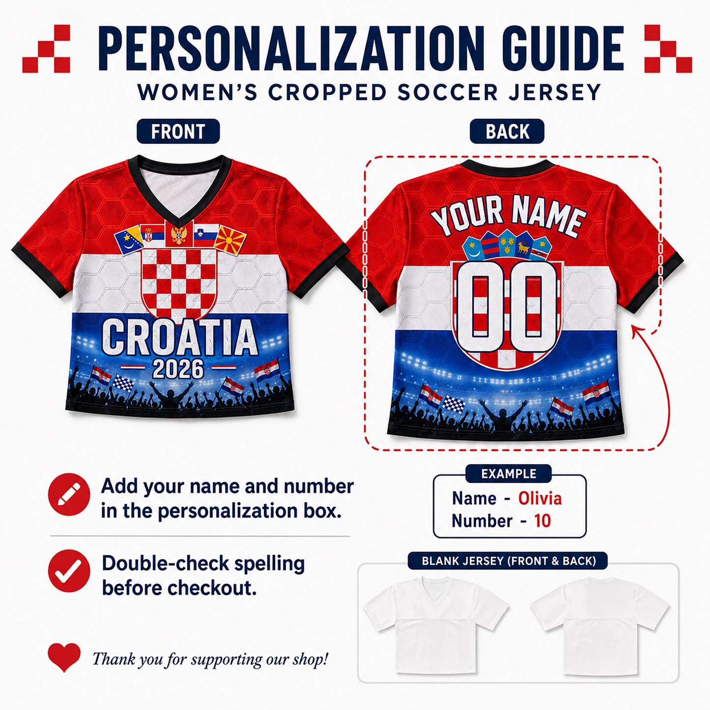 Custom Croatia Crop Top Soccer Jersey 2026, Personalized Name Number World Cup Shirt for Women, Game Day Fan Gift | YT44