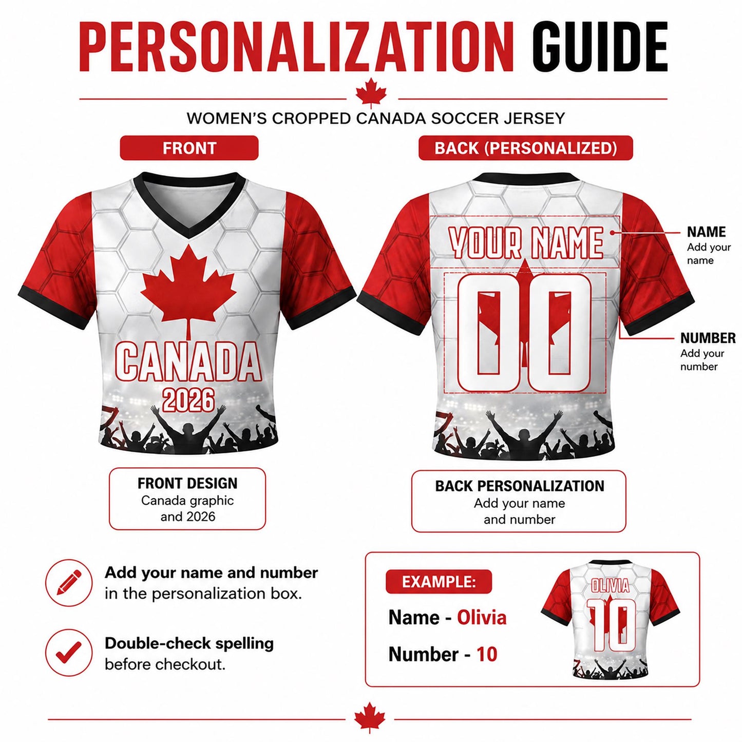 Custom Canada Crop Top Soccer Jersey 2026, Personalized Name Number World Cup Shirt for Women, Game Day Fan Gift | VC48