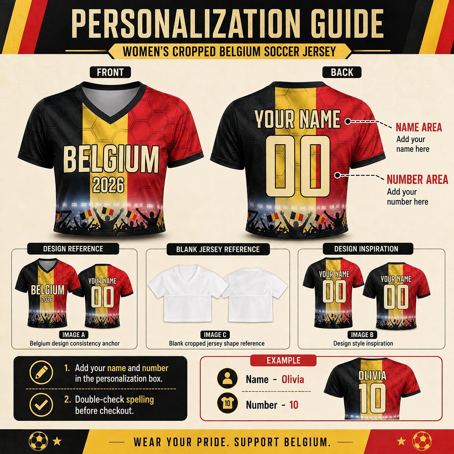 Custom Belgium Crop Top Soccer Jersey 2026, Personalized Name Number World Cup Shirt for Women, Game Day Fan Gift | VP68