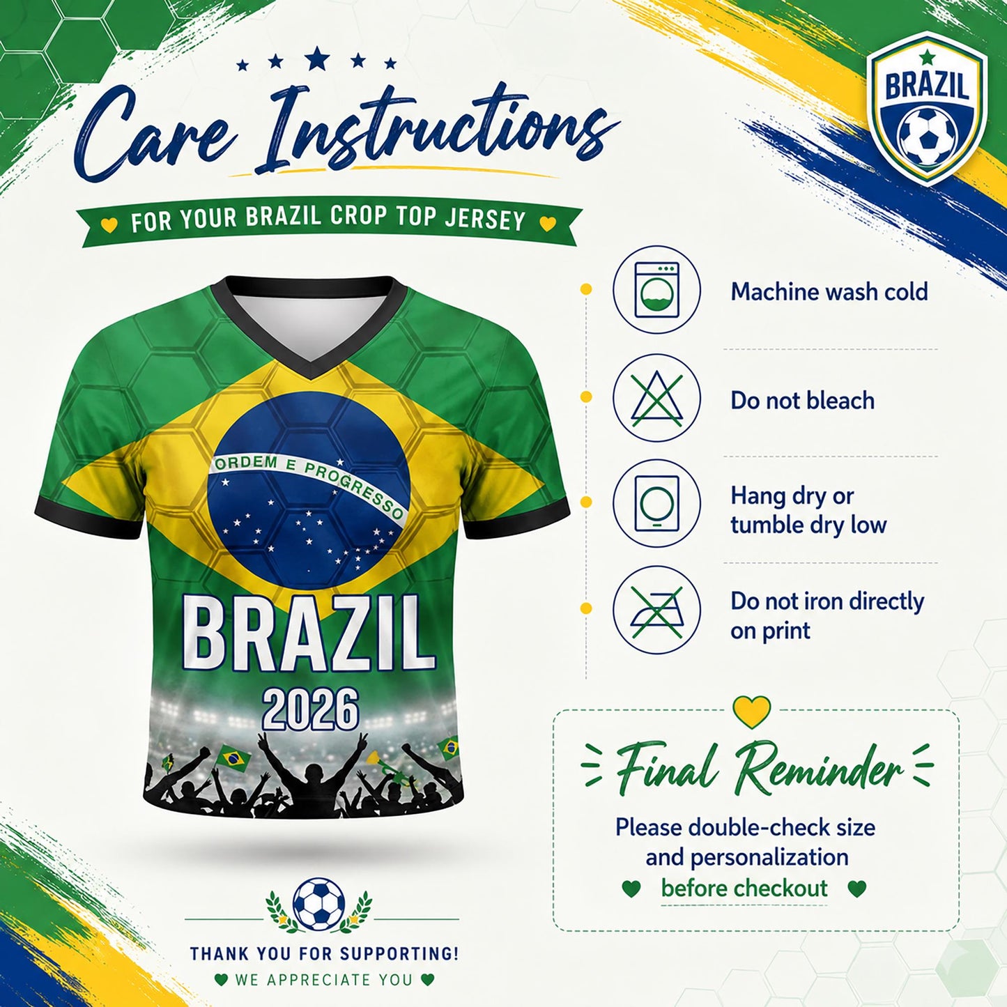 Custom Brazil Crop Top Soccer Jersey 2026, Personalized Name Number World Cup Shirt for Women, Game Day Fan Gift | OA90