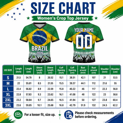 Custom Brazil Crop Top Soccer Jersey 2026, Personalized Name Number World Cup Shirt for Women, Game Day Fan Gift | OA90