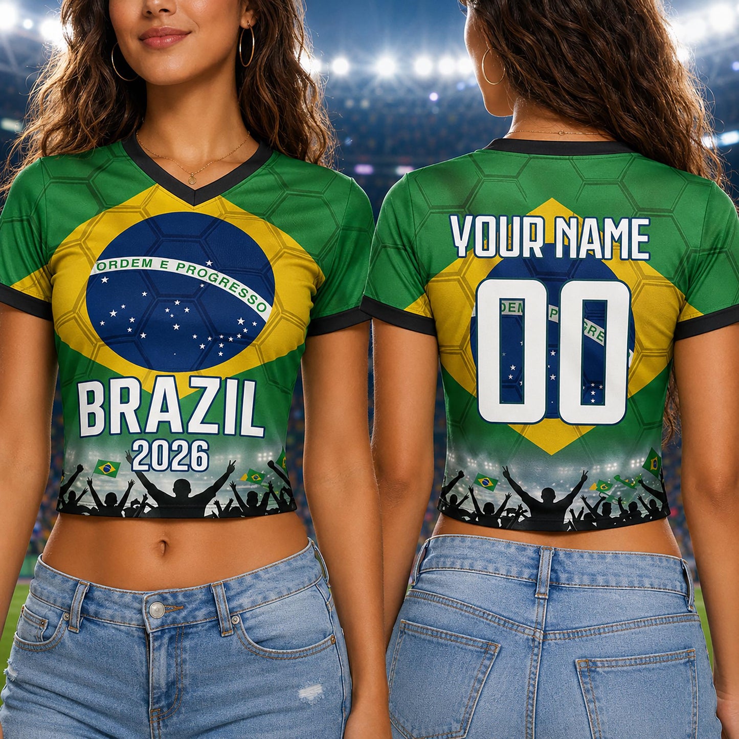 Custom Brazil Crop Top Soccer Jersey 2026, Personalized Name Number World Cup Shirt for Women, Game Day Fan Gift | OA90