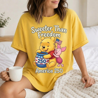 Comfort Colors Winnie the Pooh America 250 Shirt, Disney Pooh Piglet Sweeter Than Freedom Blue T-Shirt for Women Mom Patriotic Gift Tee | QX94