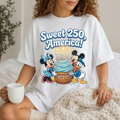Comfort Colors  Disney Sweet 250 America Shirt, Disney Mickey Minnie Donald Birthday Tee, White Cupcake T-Shirt for Women Mom Patriotic Gift | ZW64