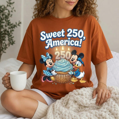 Comfort Colors  Disney Sweet 250 America Shirt, Disney Mickey Minnie Donald Birthday Tee, White Cupcake T-Shirt for Women Mom Patriotic Gift | ZW64