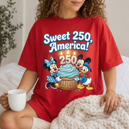 Comfort Colors  Disney Sweet 250 America Shirt, Disney Mickey Minnie Donald Birthday Tee, White Cupcake T-Shirt for Women Mom Patriotic Gift | ZW64