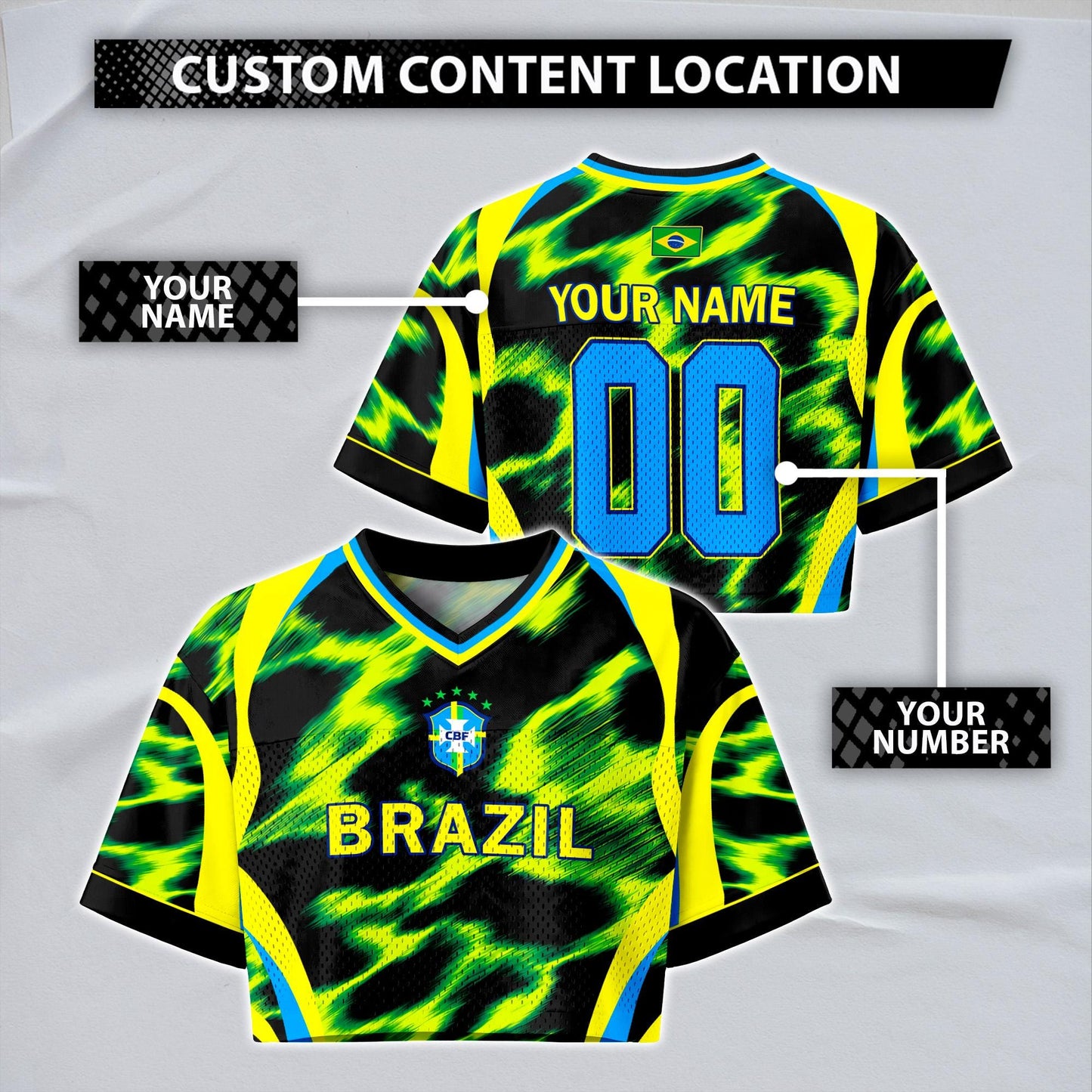 Custom Brazil Soccer Crop Top Jersey, Personalized Name Number Shirt, Football Fan Crop Tee, Bachelorette Party & Festival Outfit | XR85