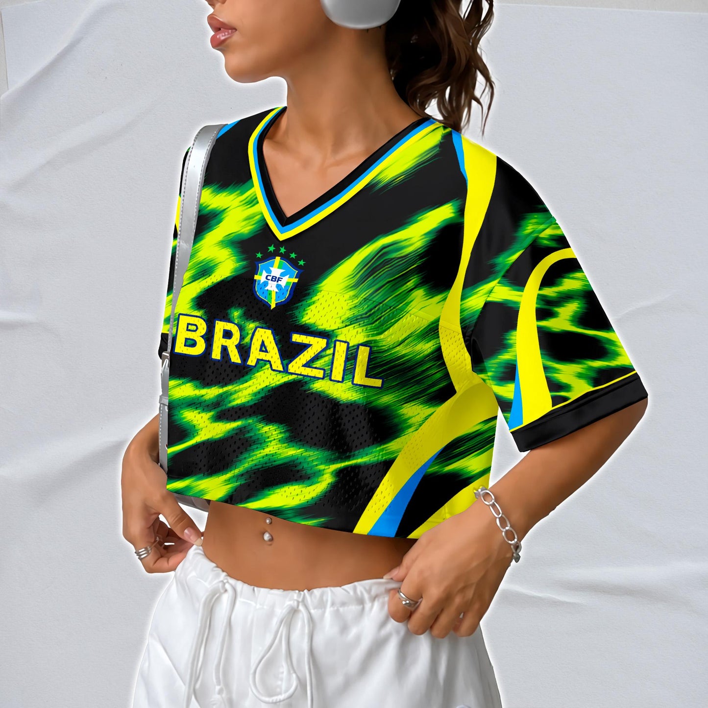 Custom Brazil Soccer Crop Top Jersey, Personalized Name Number Shirt, Football Fan Crop Tee, Bachelorette Party & Festival Outfit | XR85