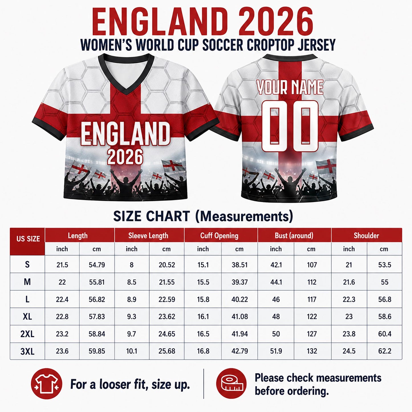 Custom England Crop Top Soccer Jersey 2026, Personalized Name Number World Cup Shirt for Women, Game Day Fan Gift | FZ26