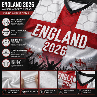 Custom England Crop Top Soccer Jersey 2026, Personalized Name Number World Cup Shirt for Women, Game Day Fan Gift | FZ26