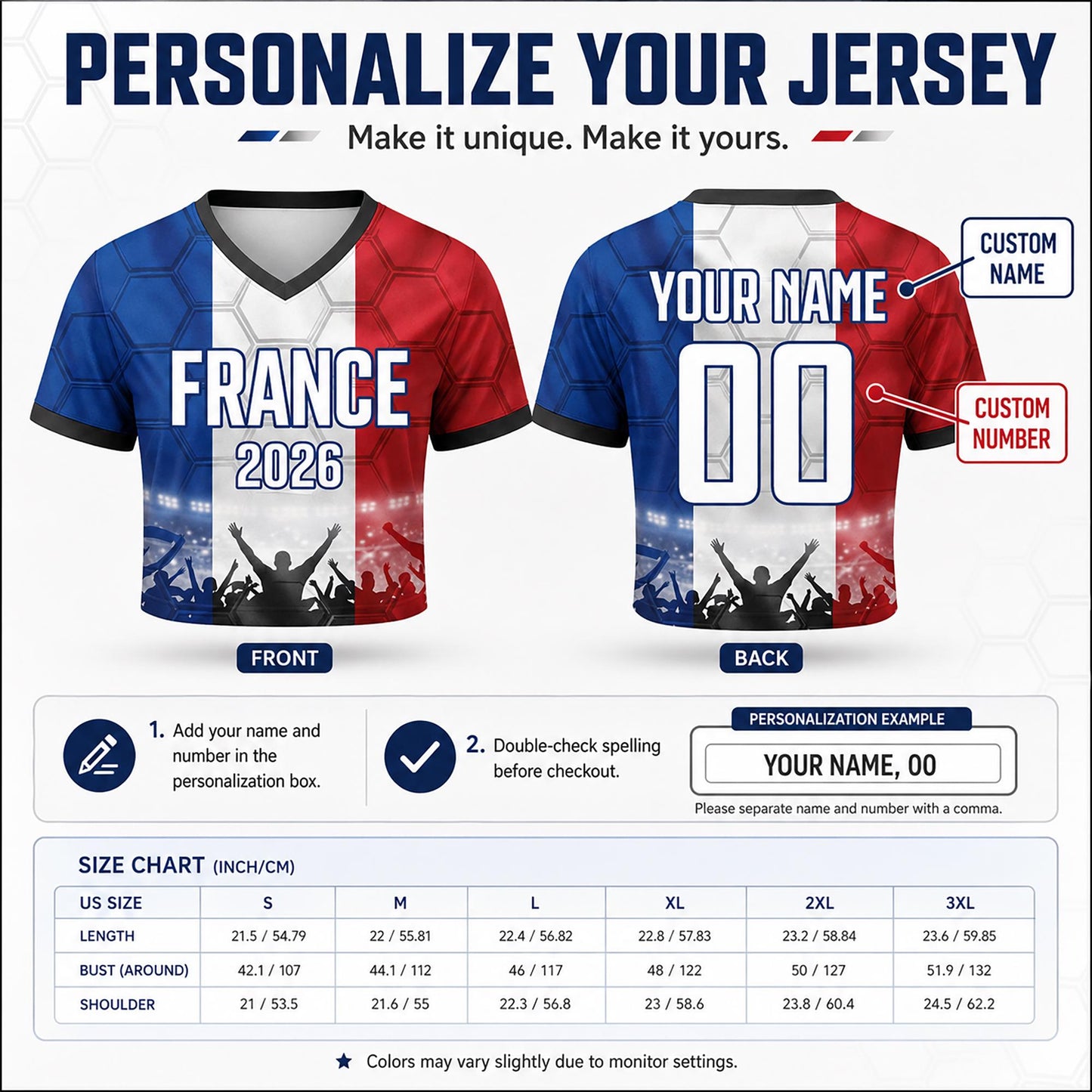 Custom France Crop Top Soccer Jersey 2026, Personalized Name Number World Cup Shirt for Women, Game Day Fan Gift | XT54
