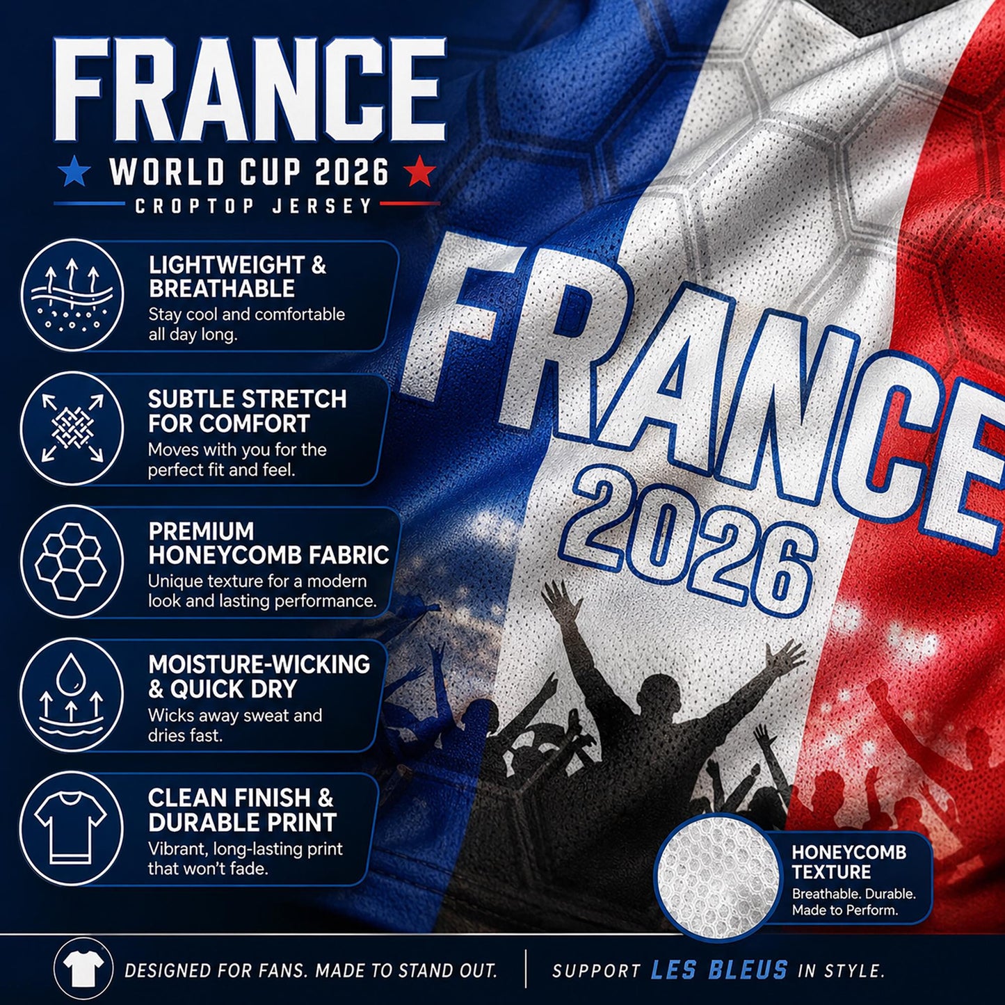 Custom France Crop Top Soccer Jersey 2026, Personalized Name Number World Cup Shirt for Women, Game Day Fan Gift | XT54