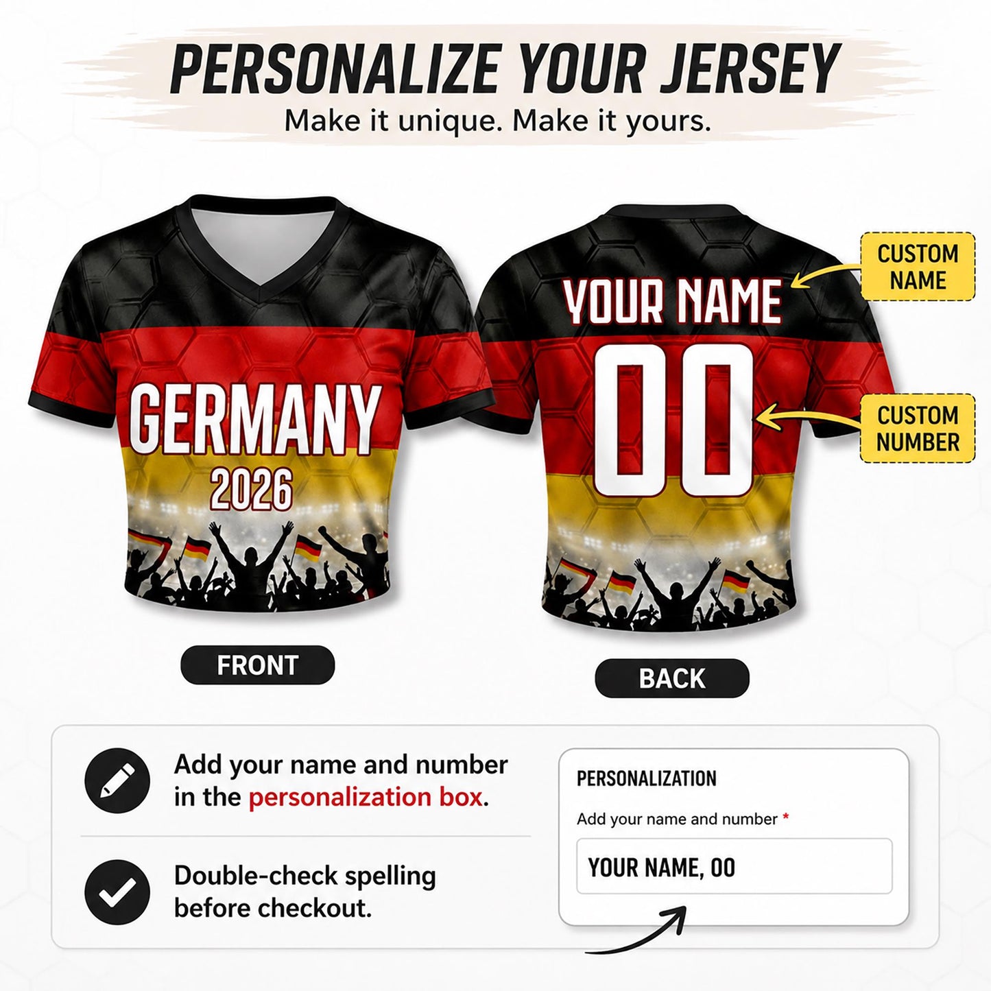 Custom Germany Crop Top Soccer Jersey 2026, Personalized Name Number World Cup Shirt for Women, Game Day Fan Gift | EU98