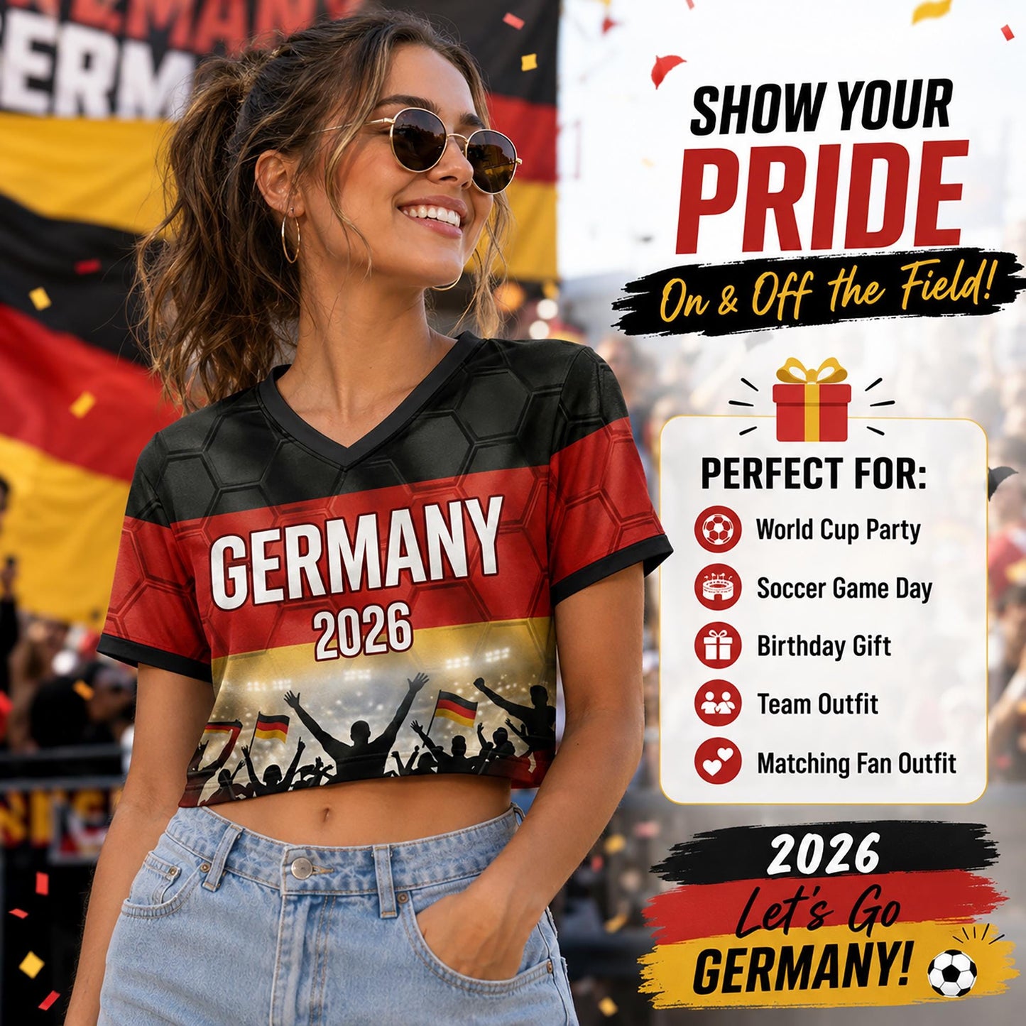 Custom Germany Crop Top Soccer Jersey 2026, Personalized Name Number World Cup Shirt for Women, Game Day Fan Gift | EU98