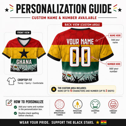 Custom Ghana Crop Top Soccer Jersey 2026, Personalized Name Number World Cup Shirt for Women, Game Day Fan Gift | MI69
