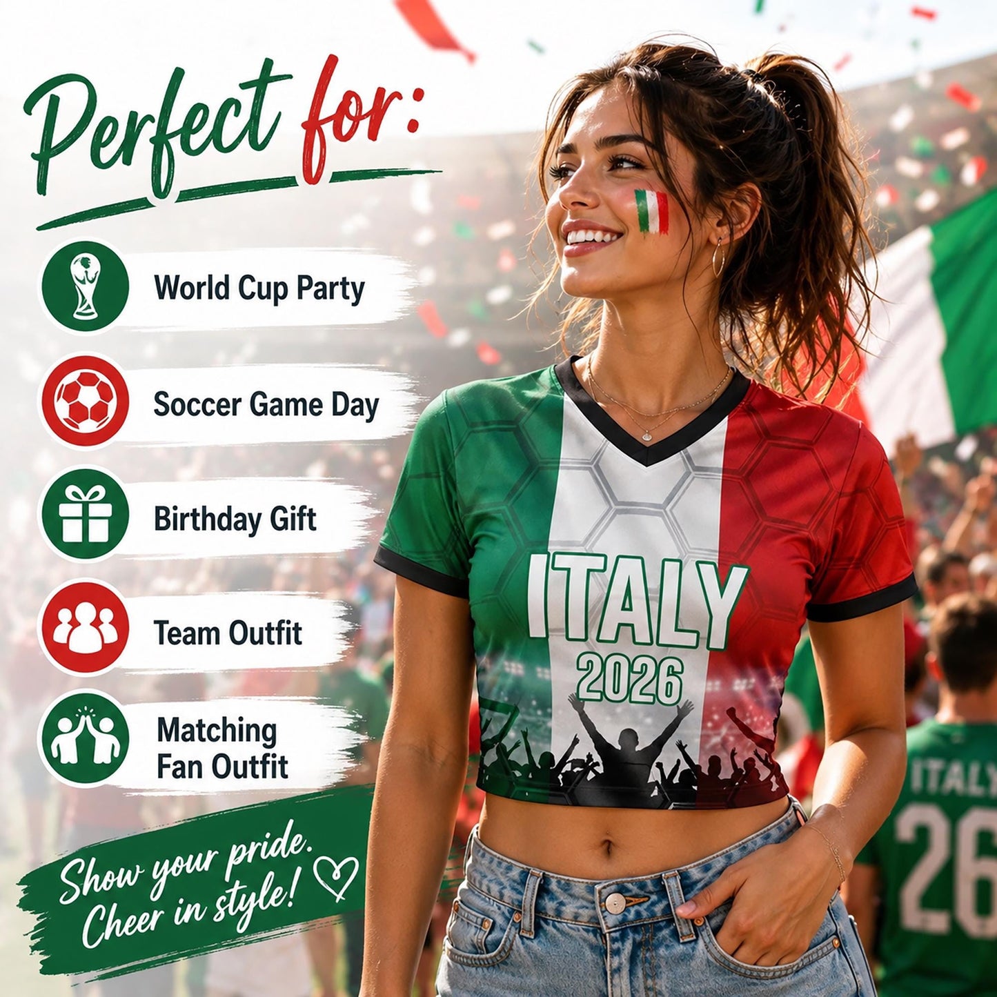 Custom Italy Crop Top Soccer Jersey 2026, Personalized Name Number World Cup Shirt for Women, Game Day Fan Gift | DQ64