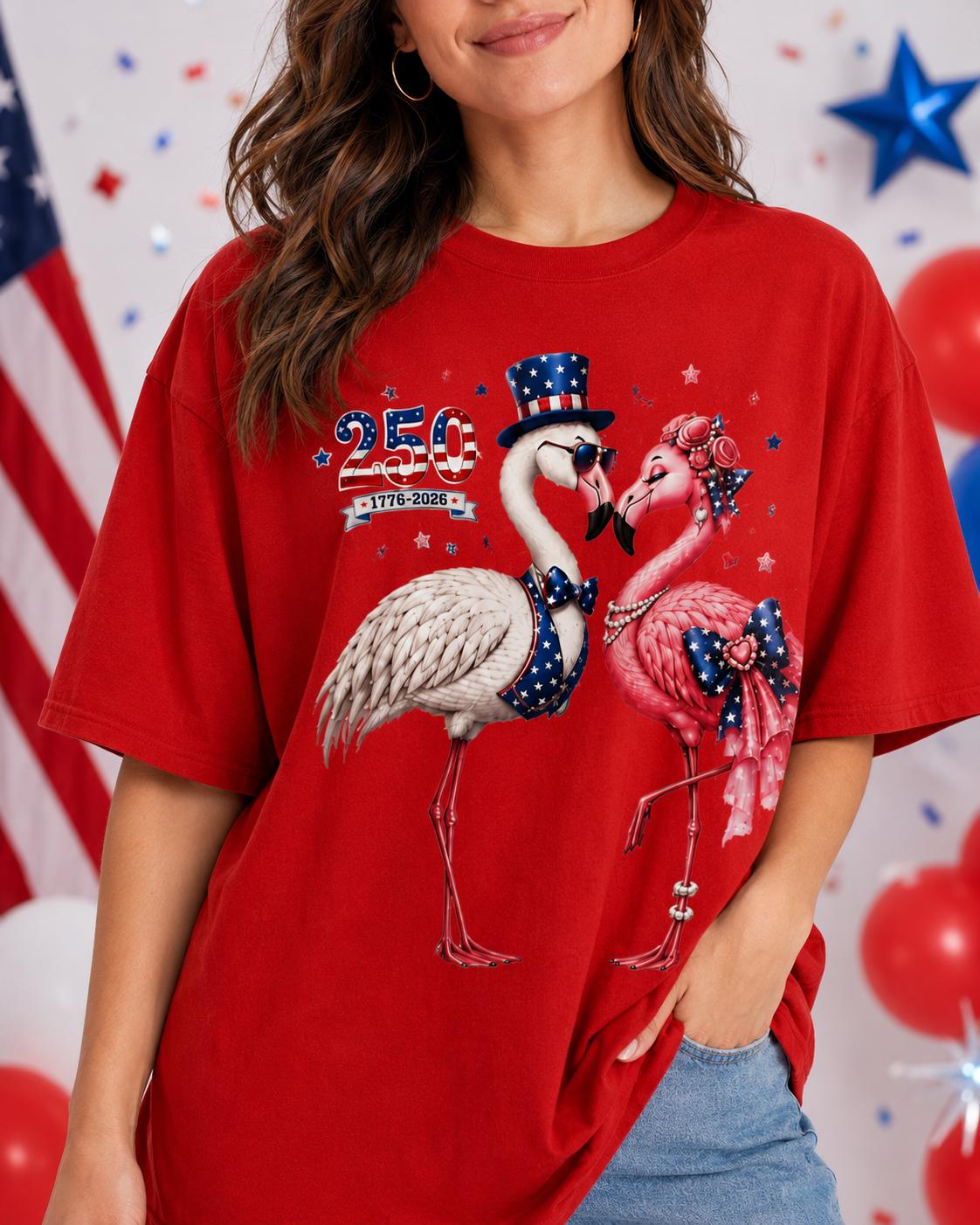 Comfort Colors America 250 Flamingo Shirt, 1776 2026 Patriotic Red T-Shirt, Front Back Graphic Tee for Women July 4th Gift Outfit Tee | IS12