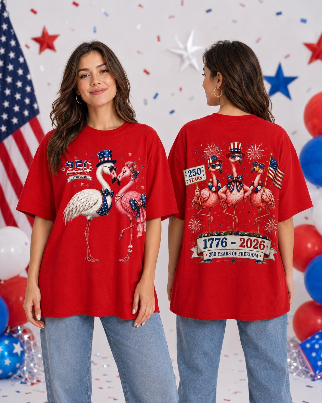 Comfort Colors America 250 Flamingo Shirt, 1776 2026 Patriotic Red T-Shirt, Front Back Graphic Tee for Women July 4th Gift Outfit Tee | IS12