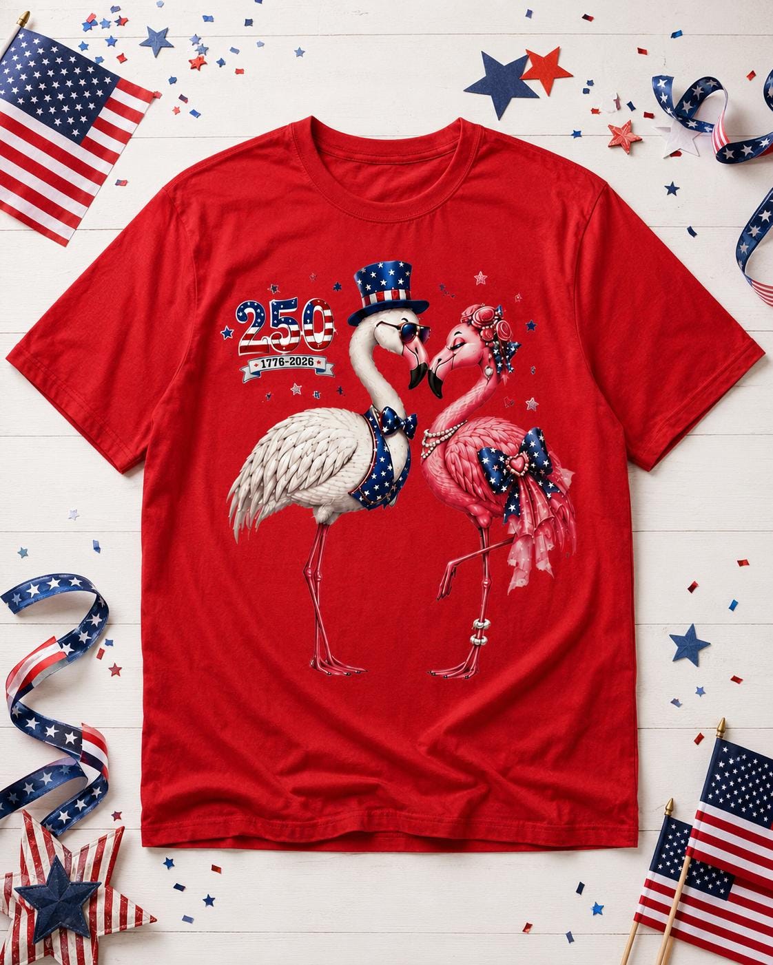 Comfort Colors America 250 Flamingo Shirt, 1776 2026 Patriotic Red T-Shirt, Front Back Graphic Tee for Women July 4th Gift Outfit Tee | IS12