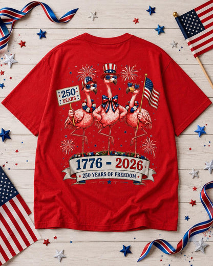 Comfort Colors America 250 Flamingo Shirt, 1776 2026 Patriotic Red T-Shirt, Front Back Graphic Tee for Women July 4th Gift Outfit Tee | IS12