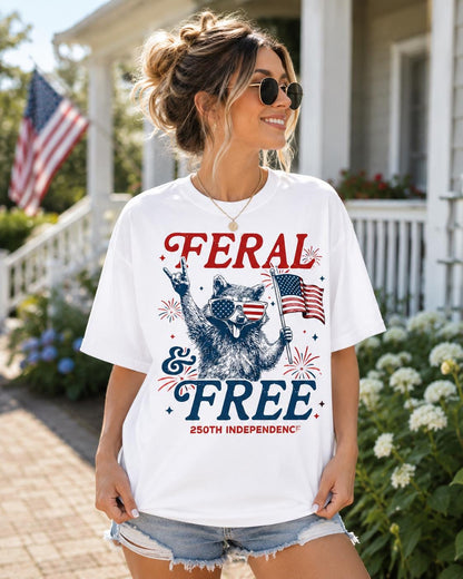 Comfort Colors Feral and Free Raccoon Shirt, 250th Independence Red Patriotic USA T-Shirt for Women Mom July 4th Gift Outfit Tee | VT91