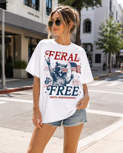 Comfort Colors Feral and Free Raccoon Shirt, 250th Independence Red Patriotic USA T-Shirt for Women Mom July 4th Gift Outfit Tee | VT91