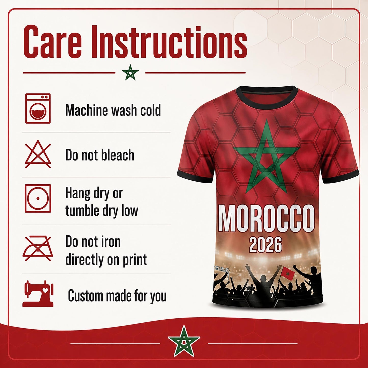 Custom Morocco Soccer Jersey 2026 World Cup, Personalized Name Number Shirt, Unisex Fan Apparel Gift | CD90