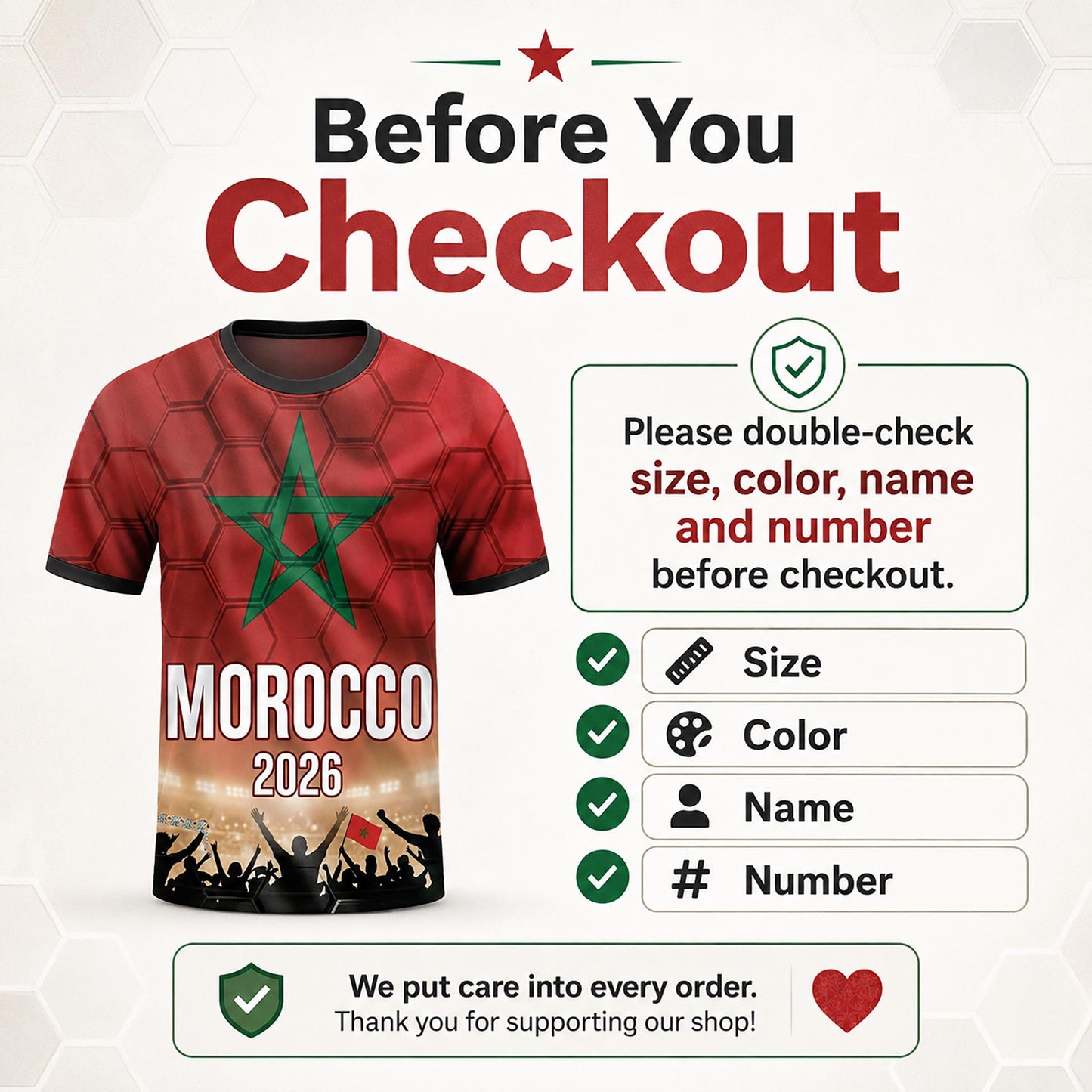 Custom Morocco Soccer Jersey 2026 World Cup, Personalized Name Number Shirt, Unisex Fan Apparel Gift | CD90