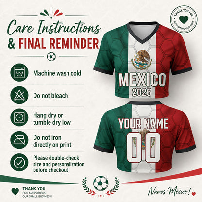 Custom Mexico Crop Top Soccer Jersey 2026, Personalized Name Number World Cup Shirt for Women, Game Day Fan Gift | GA58
