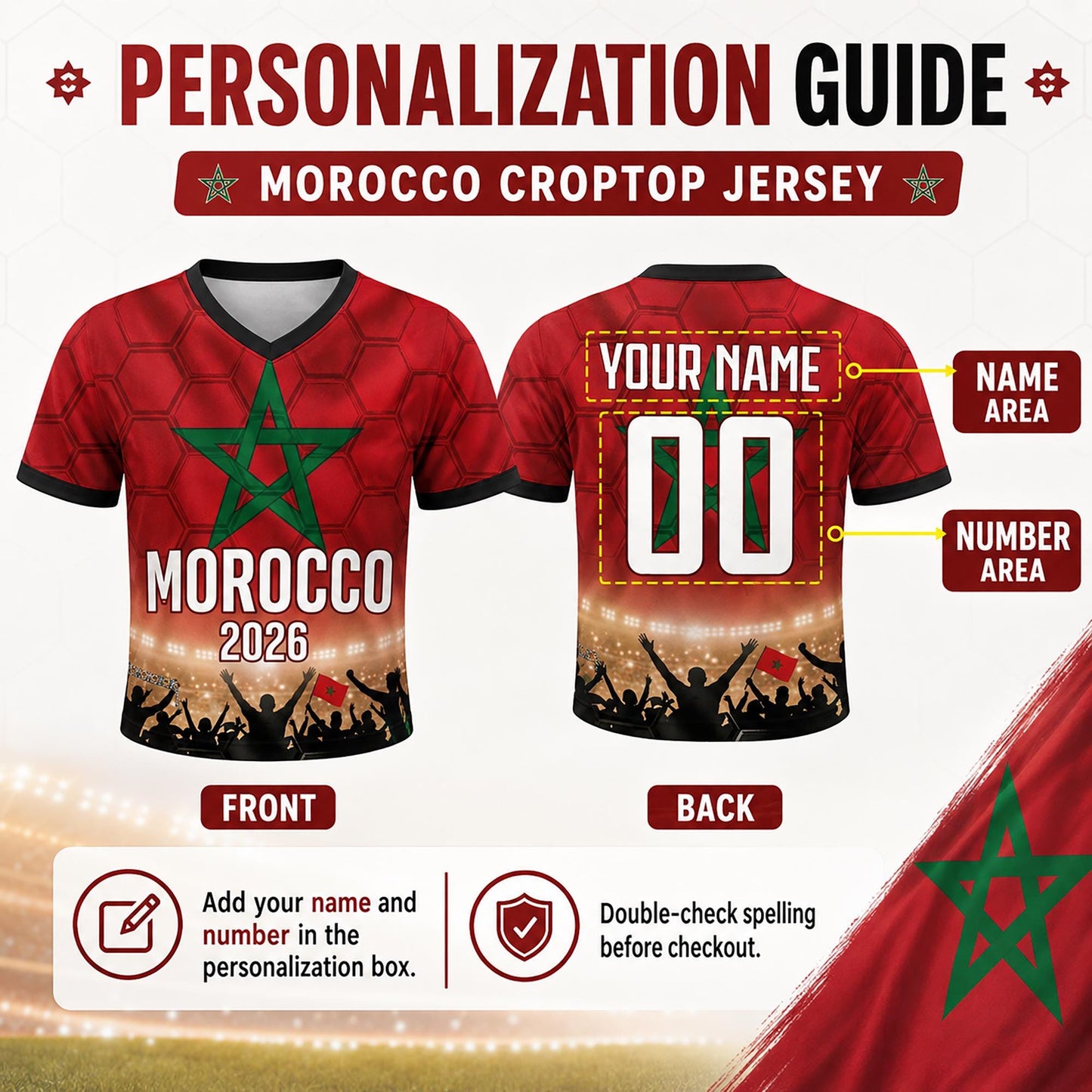 Custom Morocco Crop Top Soccer Jersey 2026, Personalized Name Number World Cup Shirt for Women, Game Day Fan Gift | PC54