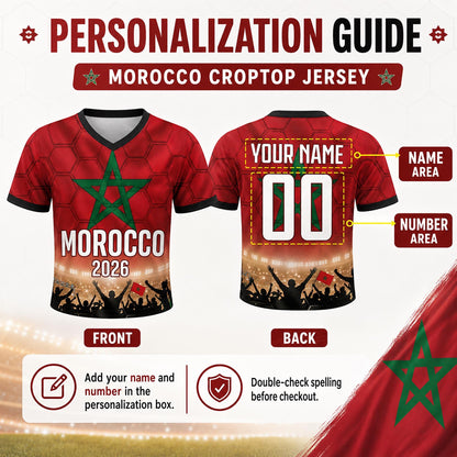 Custom Morocco Crop Top Soccer Jersey 2026, Personalized Name Number World Cup Shirt for Women, Game Day Fan Gift | PC54