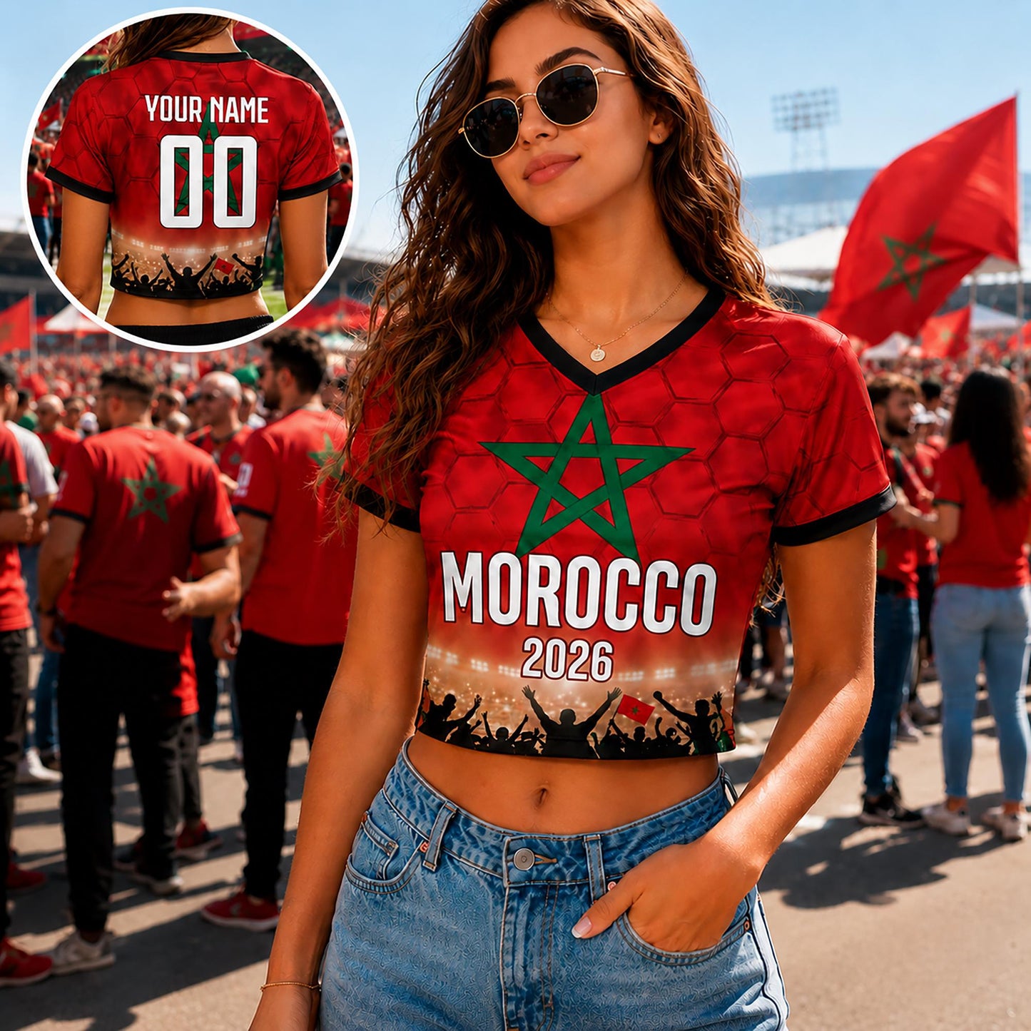 Custom Morocco Crop Top Soccer Jersey 2026, Personalized Name Number World Cup Shirt for Women, Game Day Fan Gift | PC54
