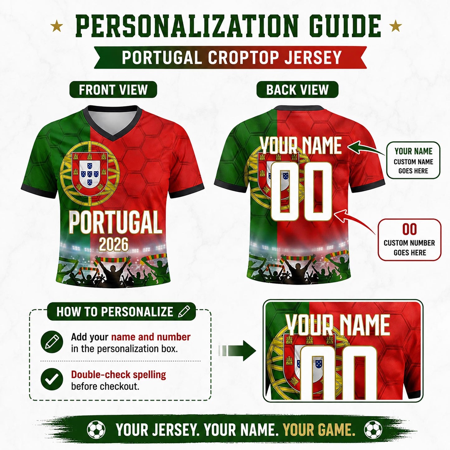 Custom Portugal Crop Top Soccer Jersey 2026, Personalized Name Number World Cup Shirt for Women, Game Day Fan Gift | PU55