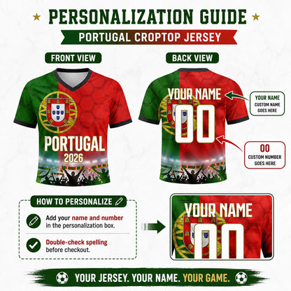 Custom Portugal Crop Top Soccer Jersey 2026, Personalized Name Number World Cup Shirt for Women, Game Day Fan Gift | PU55