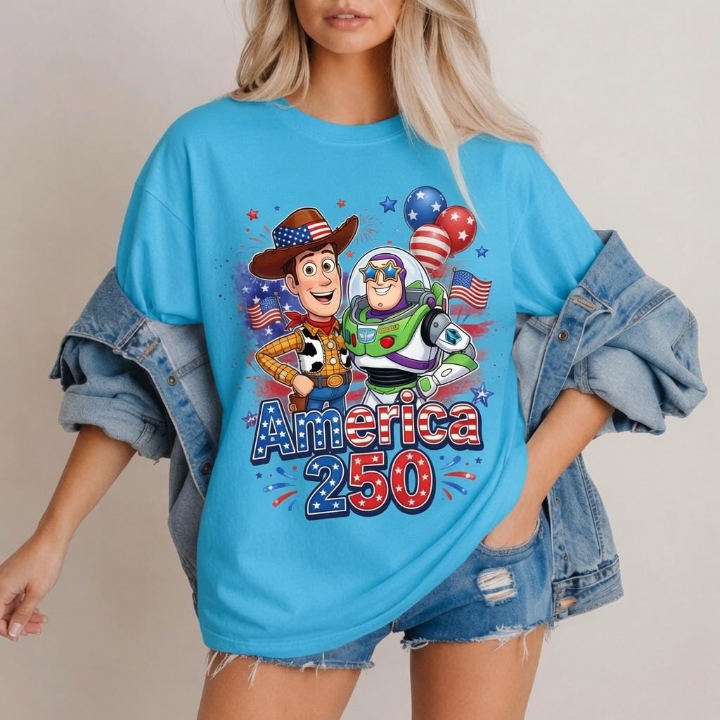 Toy Story America 250 Shirt, Woody Buzz Comfort Colors White T-Shirt for Women Mom Patriotic July 4th Park Day Birthday Gift Outfit Tee | YE26
