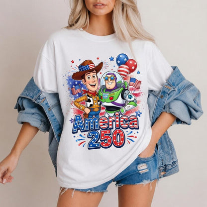 Toy Story America 250 Shirt, Woody Buzz Comfort Colors White T-Shirt for Women Mom Patriotic July 4th Park Day Birthday Gift Outfit Tee | YE26