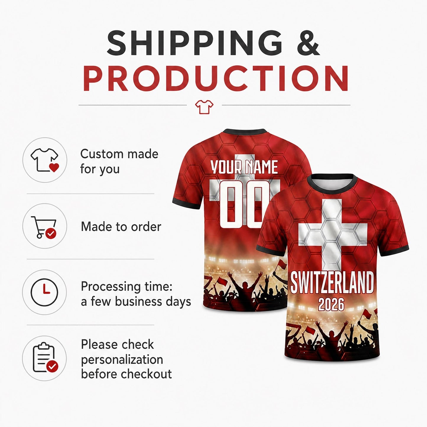 Custom Switzerland Soccer Jersey 2026 World Cup, Personalized Name Number Shirt, Unisex Fan Apparel Gift | MB37
