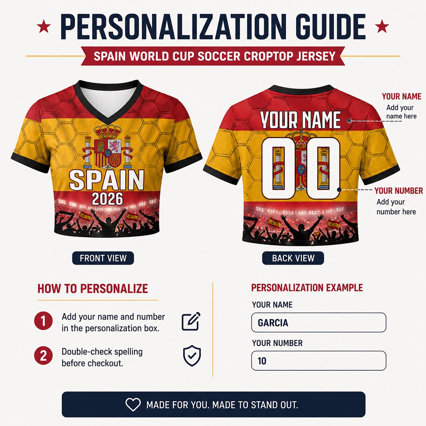 Custom Spain Crop Top Soccer Jersey 2026, Personalized Name Number World Cup Shirt for Women, Game Day Fan Gift | DV42