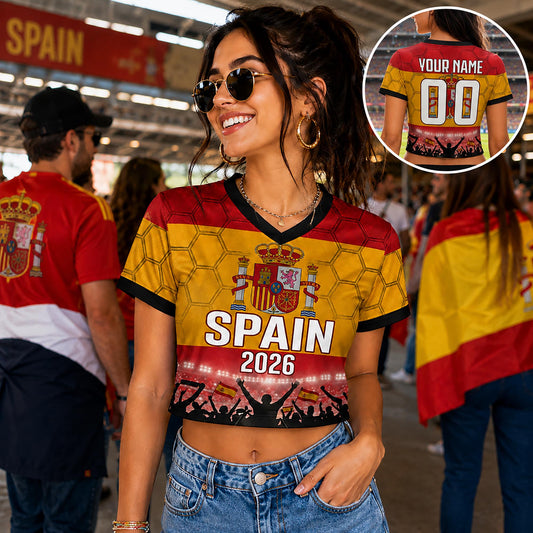 Custom Spain Crop Top Soccer Jersey 2026, Personalized Name Number World Cup Shirt for Women, Game Day Fan Gift | DV42