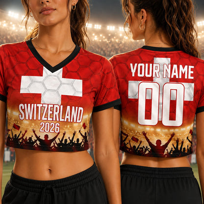Custom Switzerland Crop Top Soccer Jersey 2026, Personalized Name Number World Cup Shirt for Women, Game Day Fan Gift | DU61
