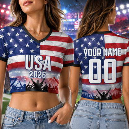 Custom USA Crop Top Soccer Jersey 2026, Personalized Name Number World Cup Shirt for Women, Game Day Fan Gift | GQ28