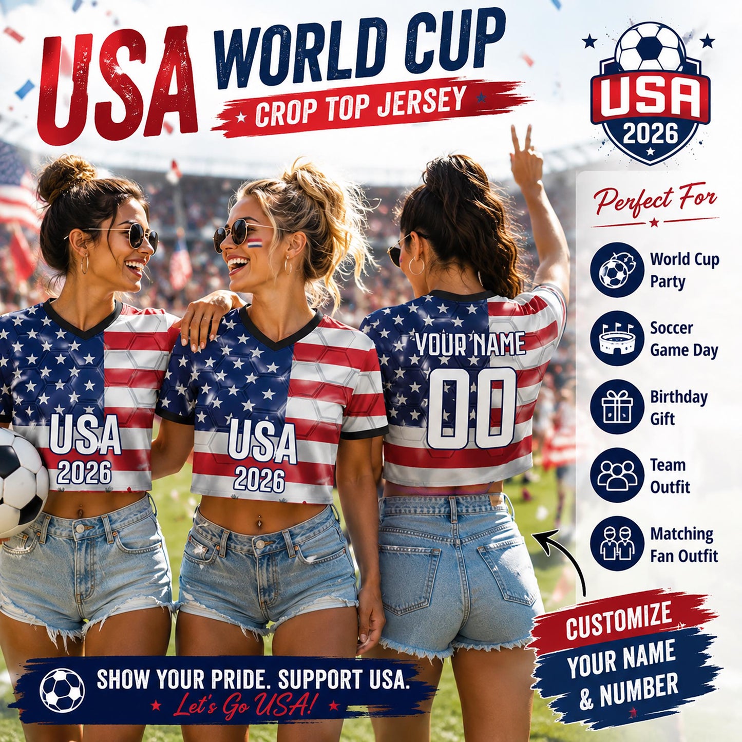 Custom USA Crop Top Soccer Jersey 2026, Personalized Name Number World Cup Shirt for Women, Game Day Fan Gift | GQ28