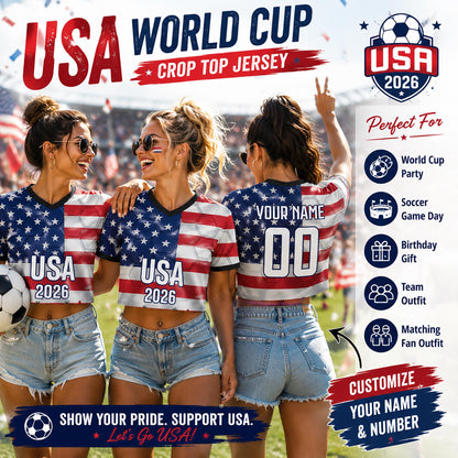 Custom USA Crop Top Soccer Jersey 2026, Personalized Name Number World Cup Shirt for Women, Game Day Fan Gift | GQ28