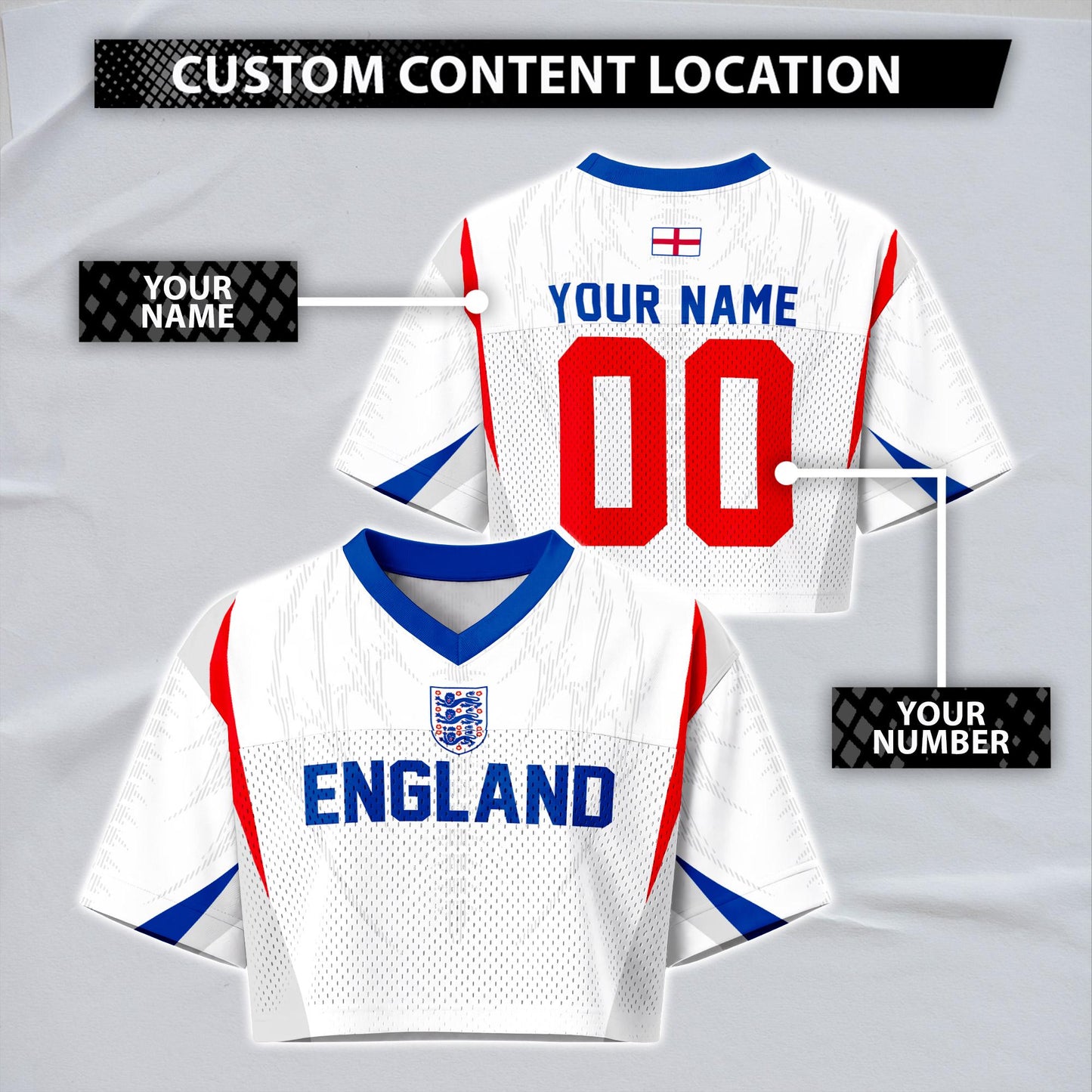 Custom England Soccer Crop Top Jersey, Personalized Name Number Shirt, Football Fan Crop Tee, Bachelorette Party & Festival Outfit | PJ86