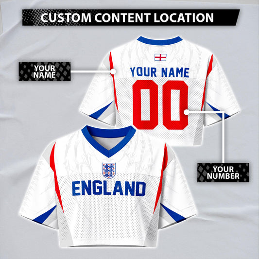 Custom England Soccer Crop Top Jersey, Personalized Name Number Shirt, Football Fan Crop Tee, Bachelorette Party & Festival Outfit | PJ86
