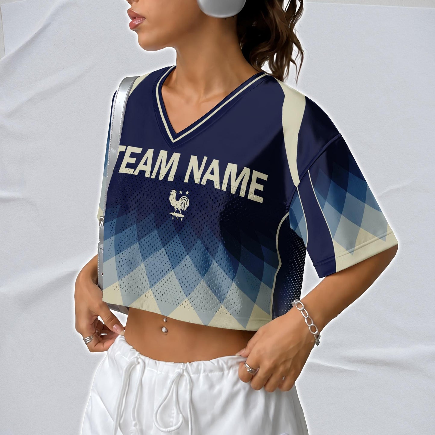 Custom Cheerleading France Football Jersey for Women, Personalized Printed Name Number Mesh Crop Top, White Navy Soccer Jersey,France Shirt | EA51